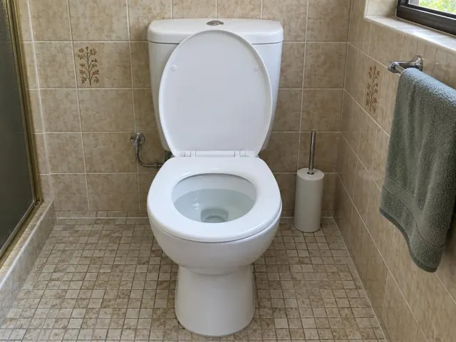 Clean white toilet in a tiled bathroom with towel rail and window in Northmead