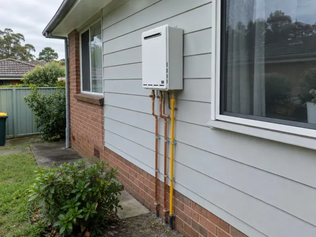 Wall mounted hot water system with exposed copper pipes on a brick and weatherboard house exterior in Winston Hills